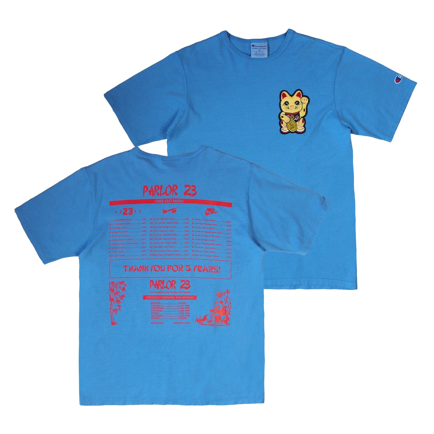 Parlor 23 X Champion "Patina 5 Year Menu" T-Shirt