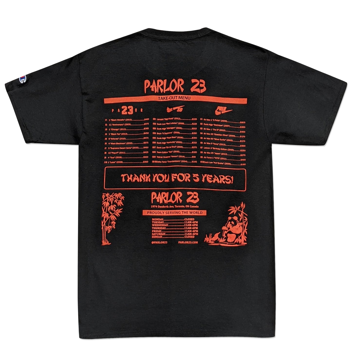 Parlor 23 X Champion "5 Year Menu" T-Shirt