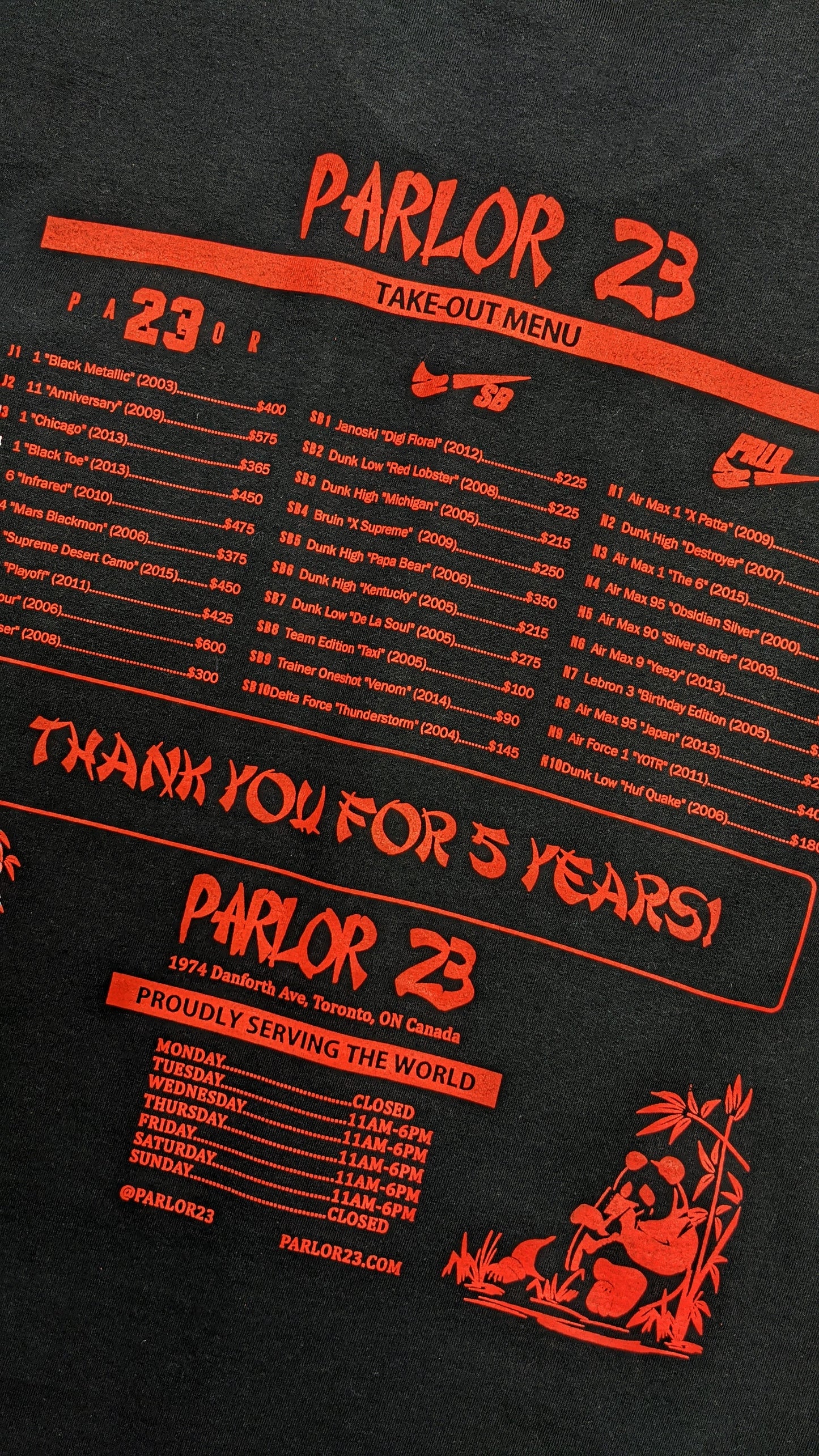 Parlor 23 X Champion "5 Year Menu" T-Shirt