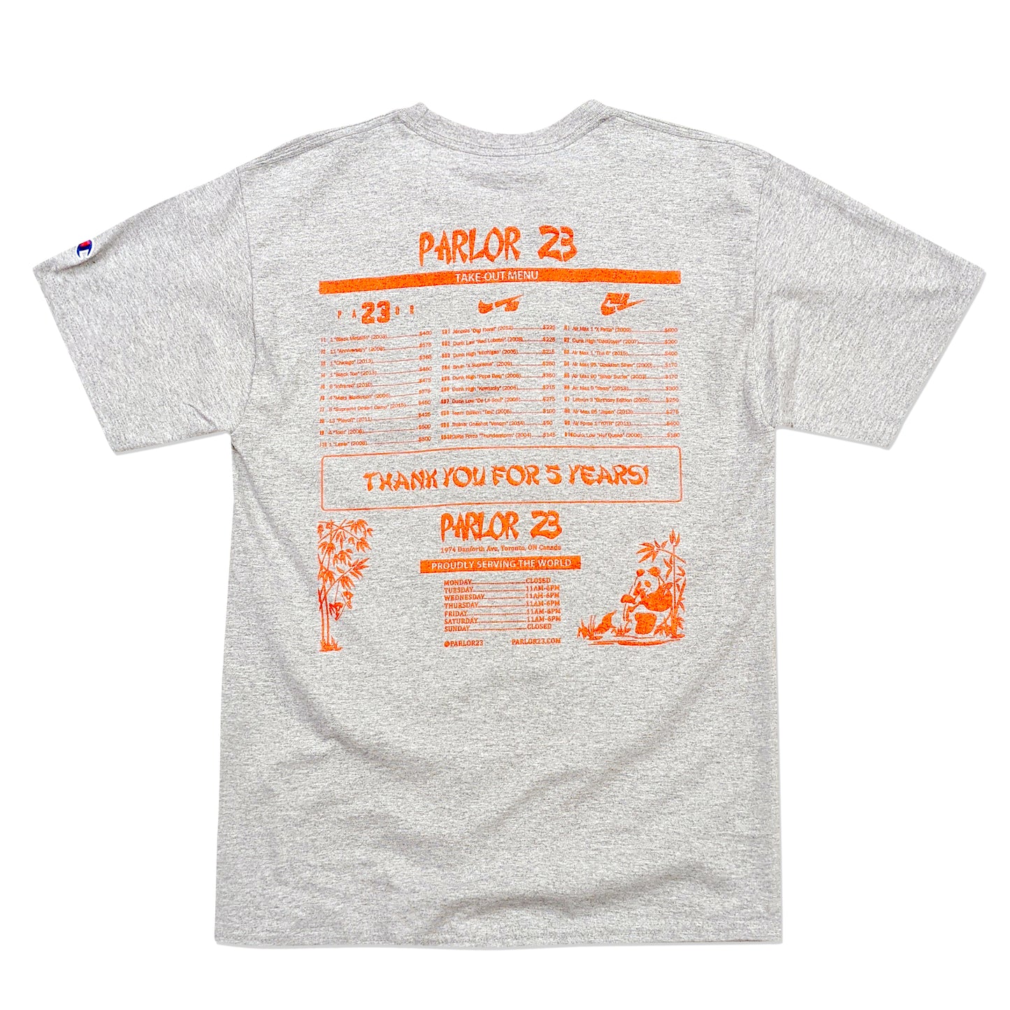 Parlor 23 X Champion "5 Year Menu" T-Shirt