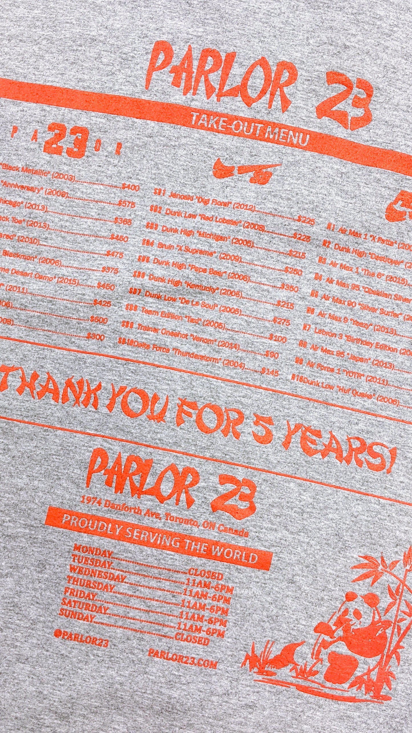 Parlor 23 X Champion "5 Year Menu" T-Shirt