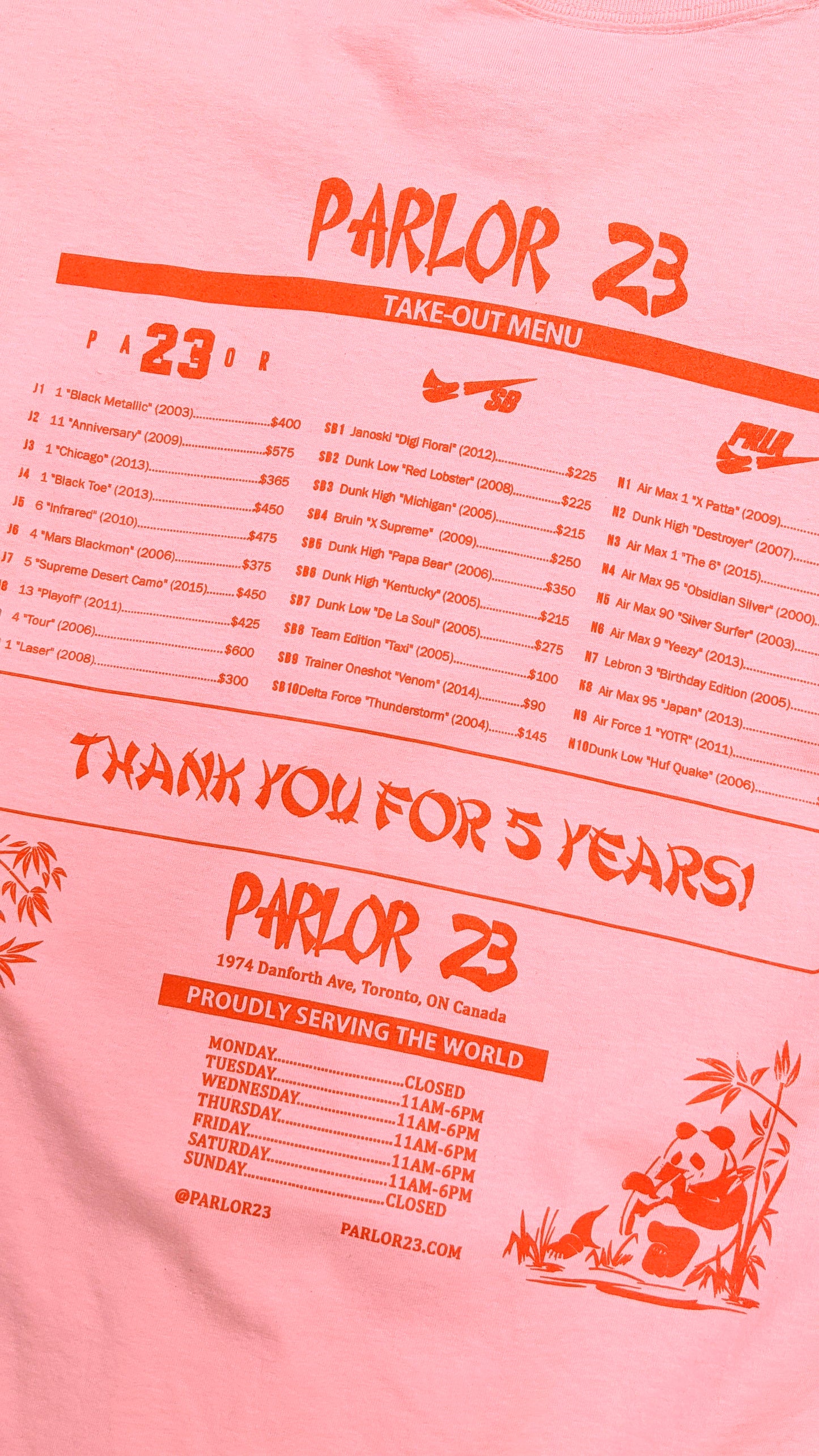Parlor 23 X Champion "5 Year Menu" T-Shirt
