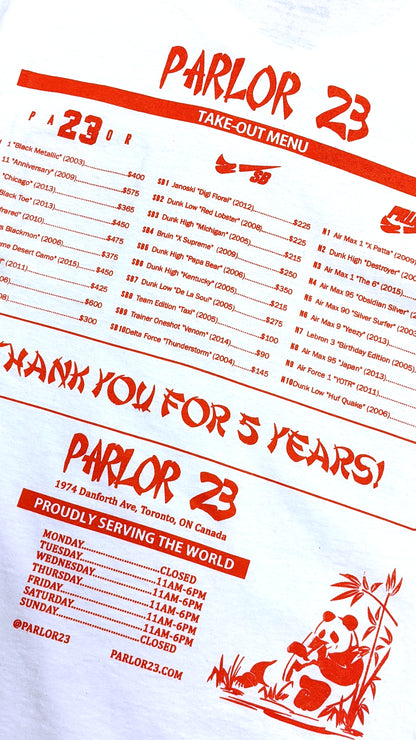 Parlor 23 X Champion "5 Year Menu" T-Shirt